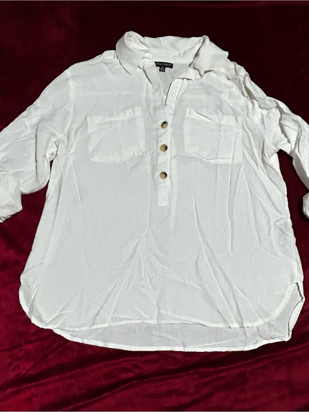 Style Envy White Button-Placket Roll-Sleeve Blouse